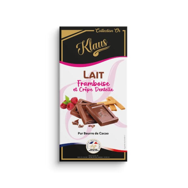 Tablette Or lait 30% éclats de framboise et crêpe dentelle 100g