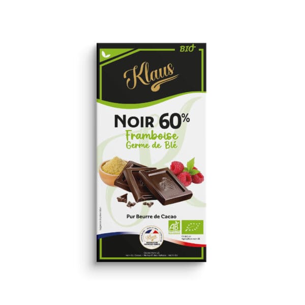 Tablette Bio noir 60% framboise et germe de blé 100g