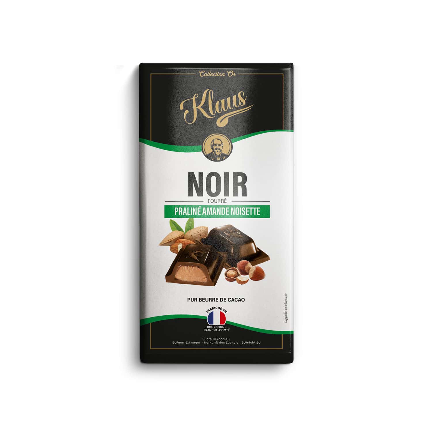 Tablette noir 50% fourrée au praliné amandes et noisettes 100g