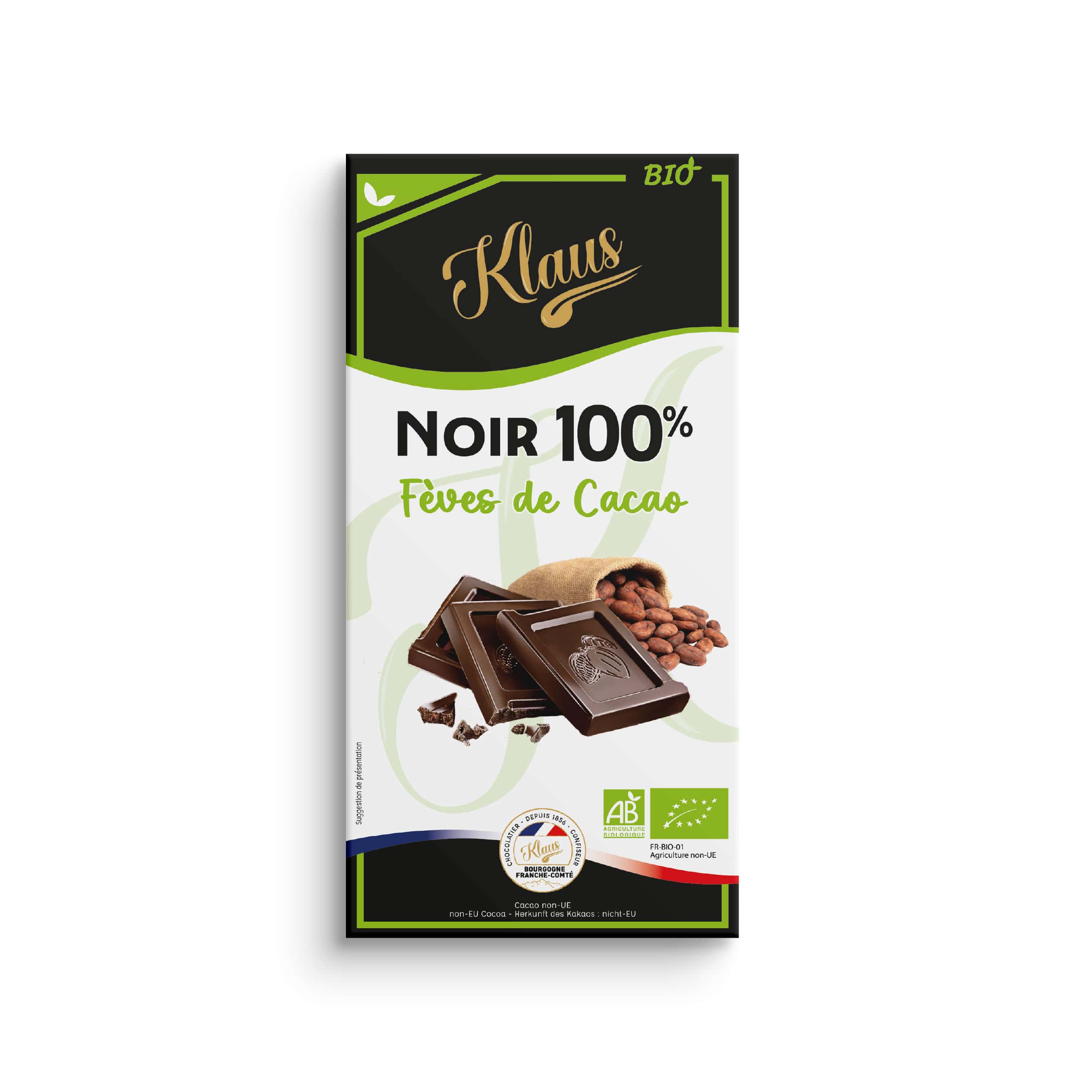 Tablette Bio noir 100% fèves de cacao 100g