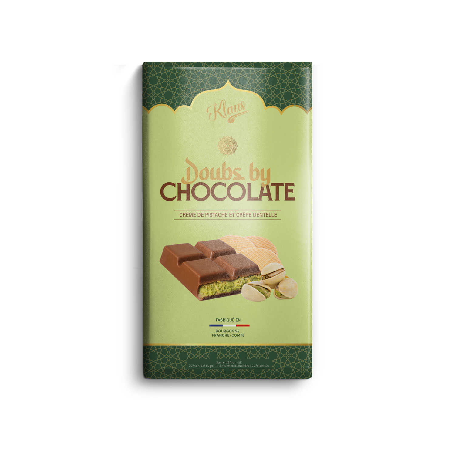 Tablette Doubs-By Chocolate lait 30% pistache et feuilletine 110g