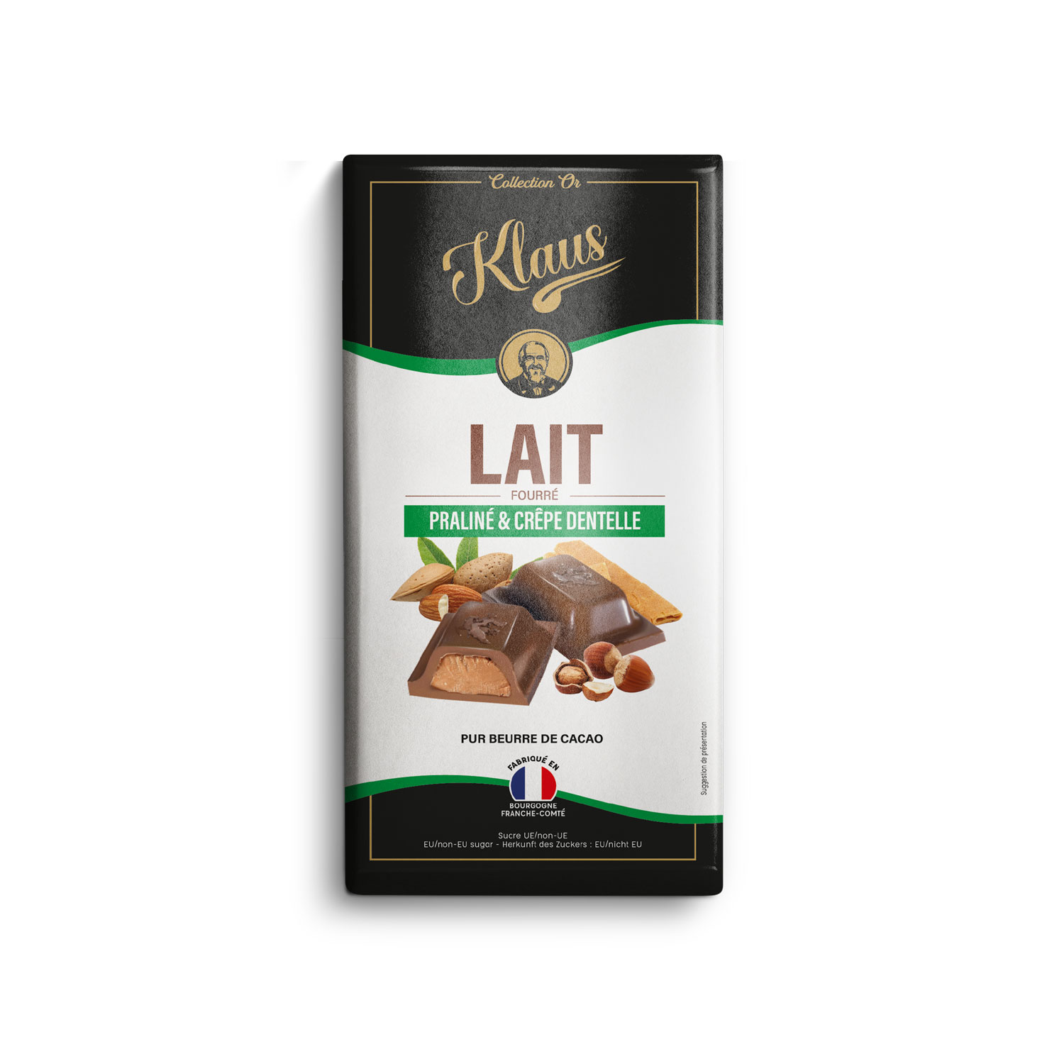 Tablette lait 30% fourrée au praliné et feuilletine 100g