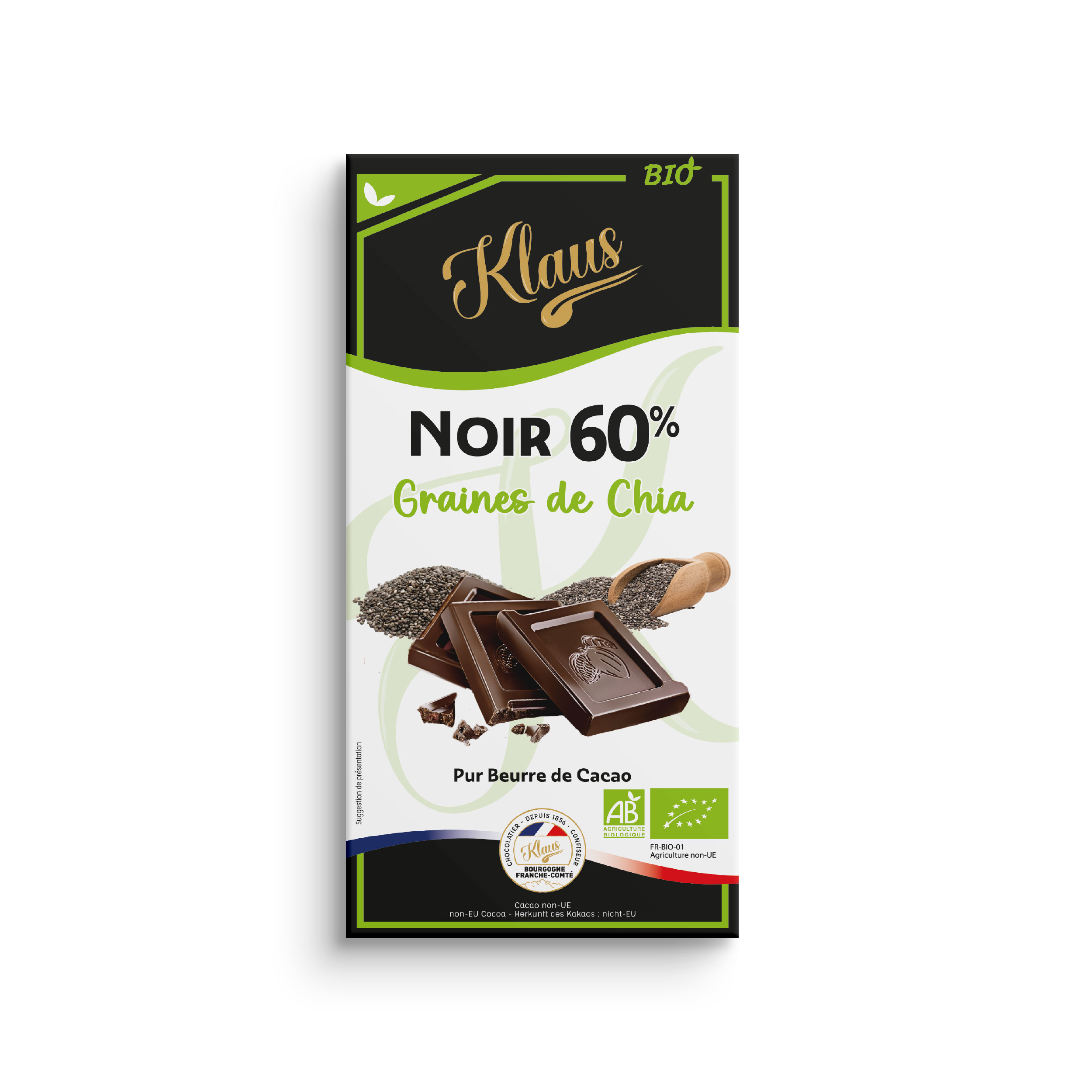 Tablette Bio noir 60% graines de chia 100g