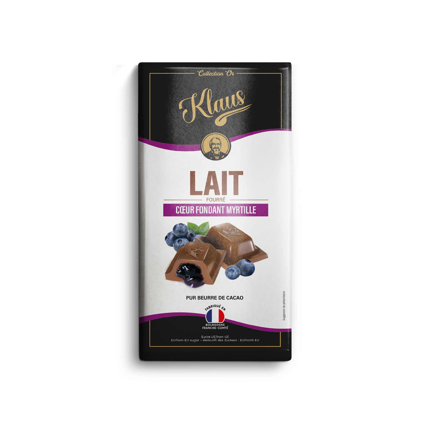 Tablette lait 30% coeur fondant myrtille 100g